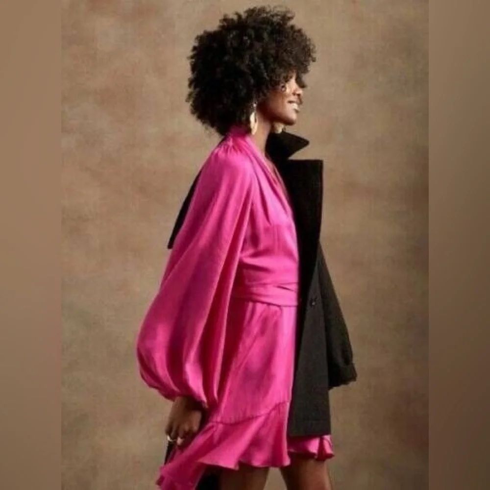 NWT! Banana Republic Bright Peony Satin Ruffle Wrap Dress - Multiple Sizes 💛 - Picture 3 of 4